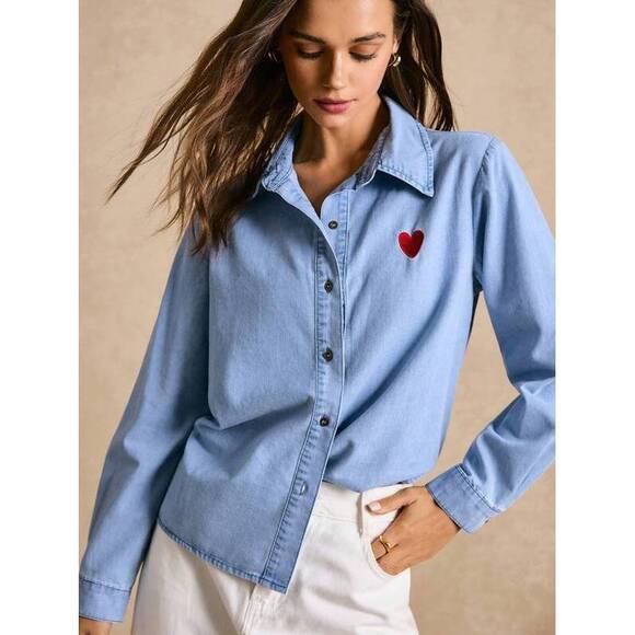 Tops - Poselle Heart Shaped Loose Denim Long Sleeve Casual Shirt Spring Break Outfits